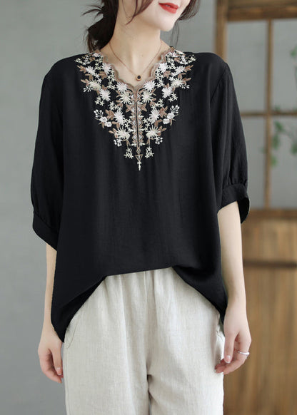 Black V Neck Embroideried Cotton Blouses Summer