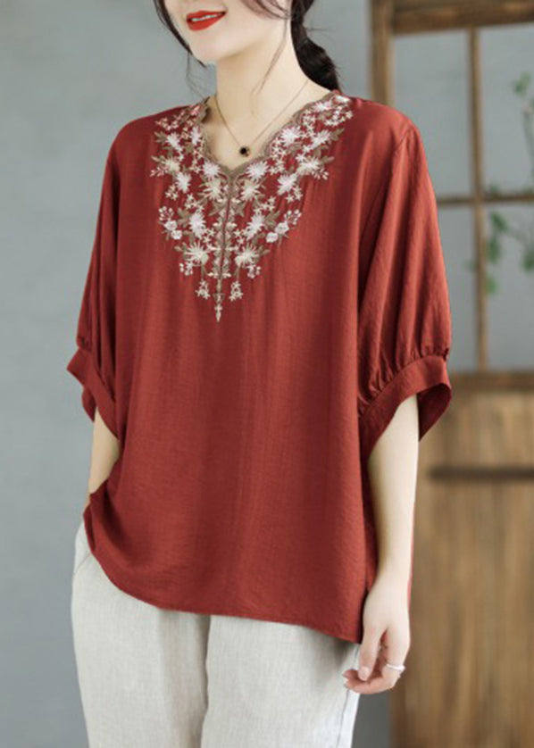 Black V Neck Embroideried Cotton Blouses Summer