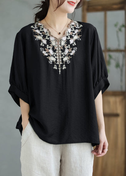 Black V Neck Embroideried Cotton Blouses Summer