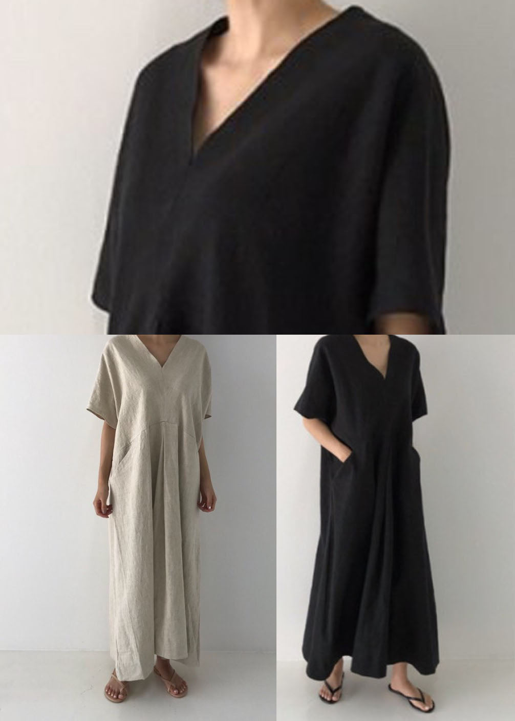 Black V Neck Oversized Linen Long Dress Short Sleeve
