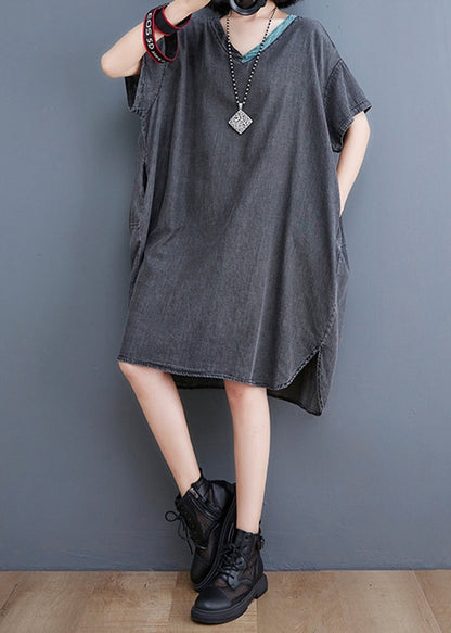 Black V Neck Patchwork Denim Dresses Summer