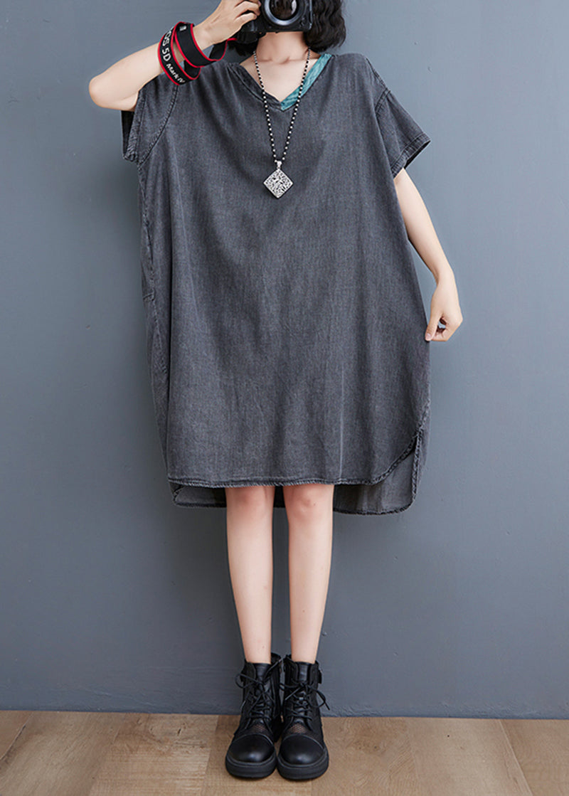 Black V Neck Patchwork Denim Dresses Summer