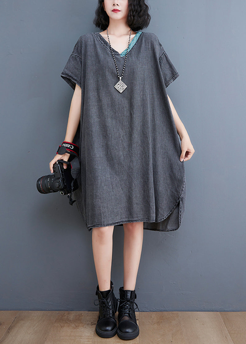 Black V Neck Patchwork Denim Dresses Summer
