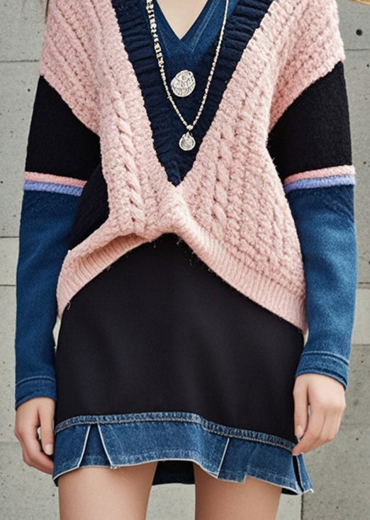Black V Neck Patchwork Denim Knitted Dress Fall