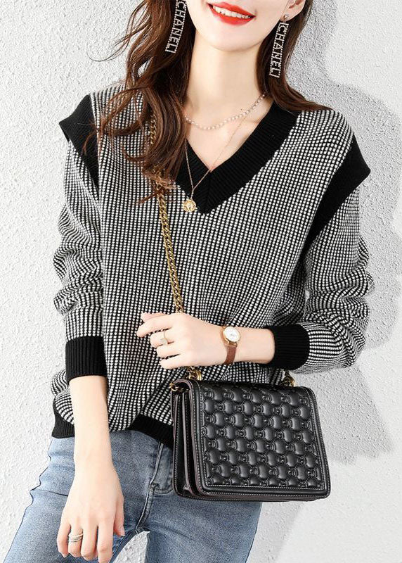 Black V Neck Plaid Knit Sweater Tops Winter