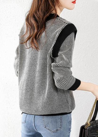 Black V Neck Plaid Knit Sweater Tops Winter