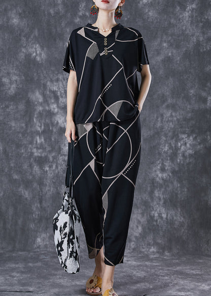 Black V Neck Print Button Cotton Two Pieces Set Summer