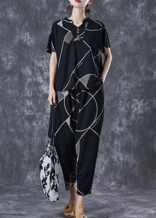 Black V Neck Print Button Cotton Two Pieces Set Summer
