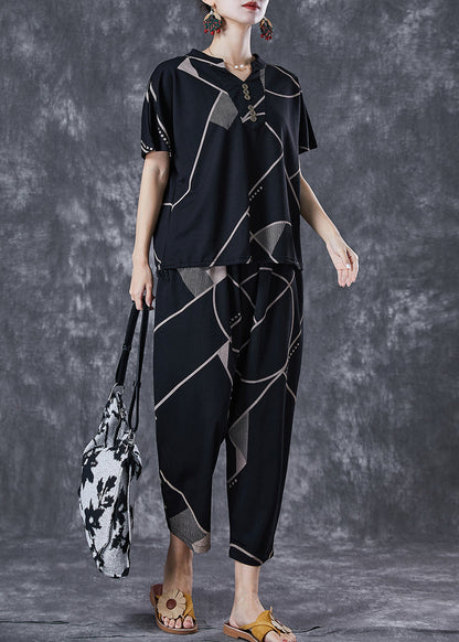 Black V Neck Print Button Cotton Two Pieces Set Summer
