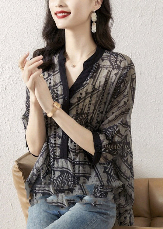 Black V Neck Print Button Silk Top Half Sleeve