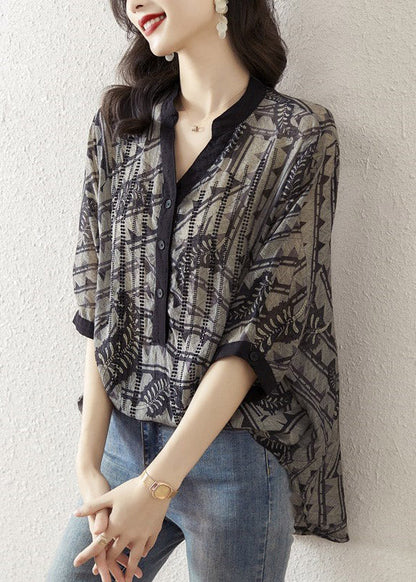 Black V Neck Print Button Silk Top Half Sleeve
