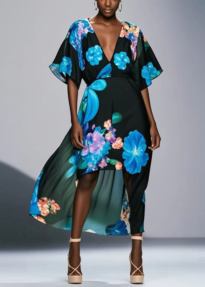 Black V Neck Print Chiffon Long Dresses Summer