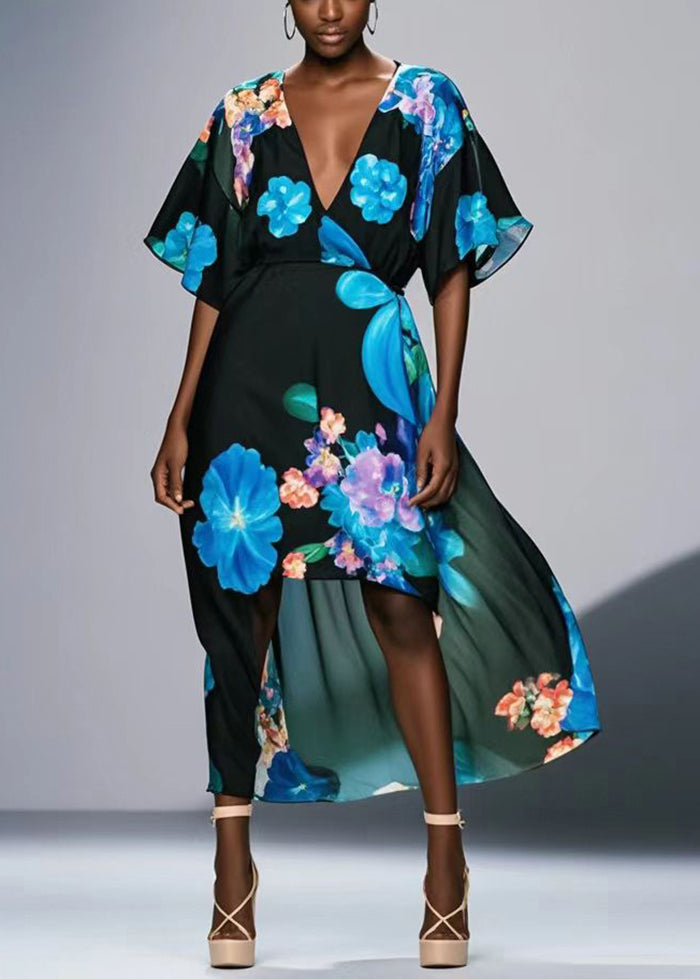 Black V Neck Print Chiffon Long Dresses Summer