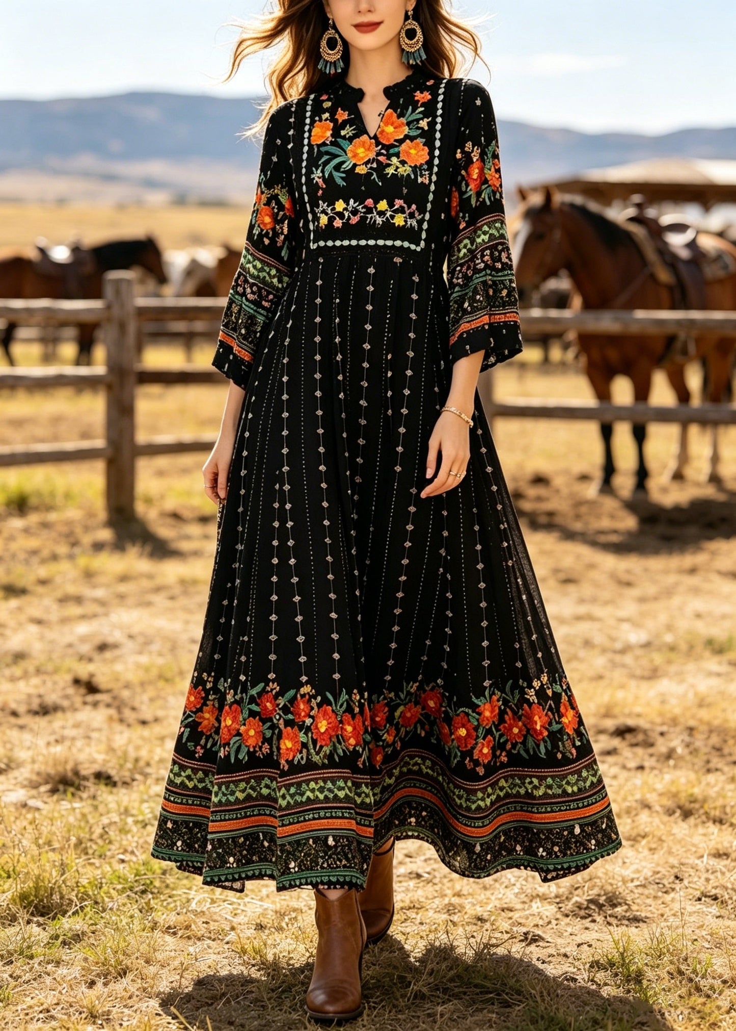 Black V Neck Print Cotton Long Dress Summer