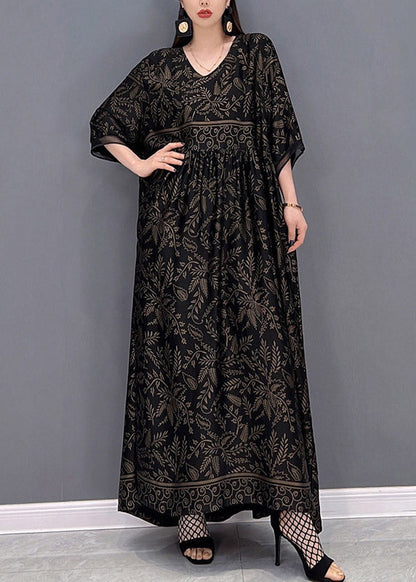 Black V Neck Print Silk Long Dress Short Sleeve