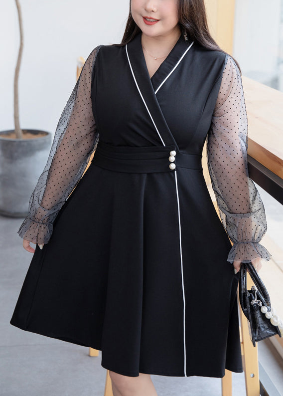 Black V Neck Tulle Patchwork Mid Dress Flare Sleeve