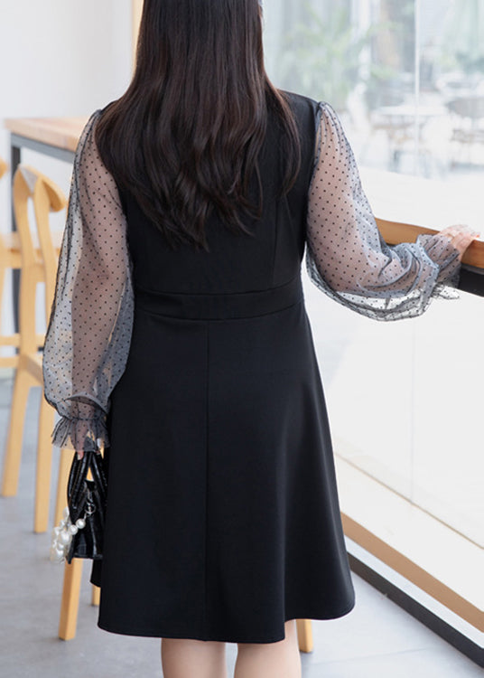 Black V Neck Tulle Patchwork Mid Dress Flare Sleeve