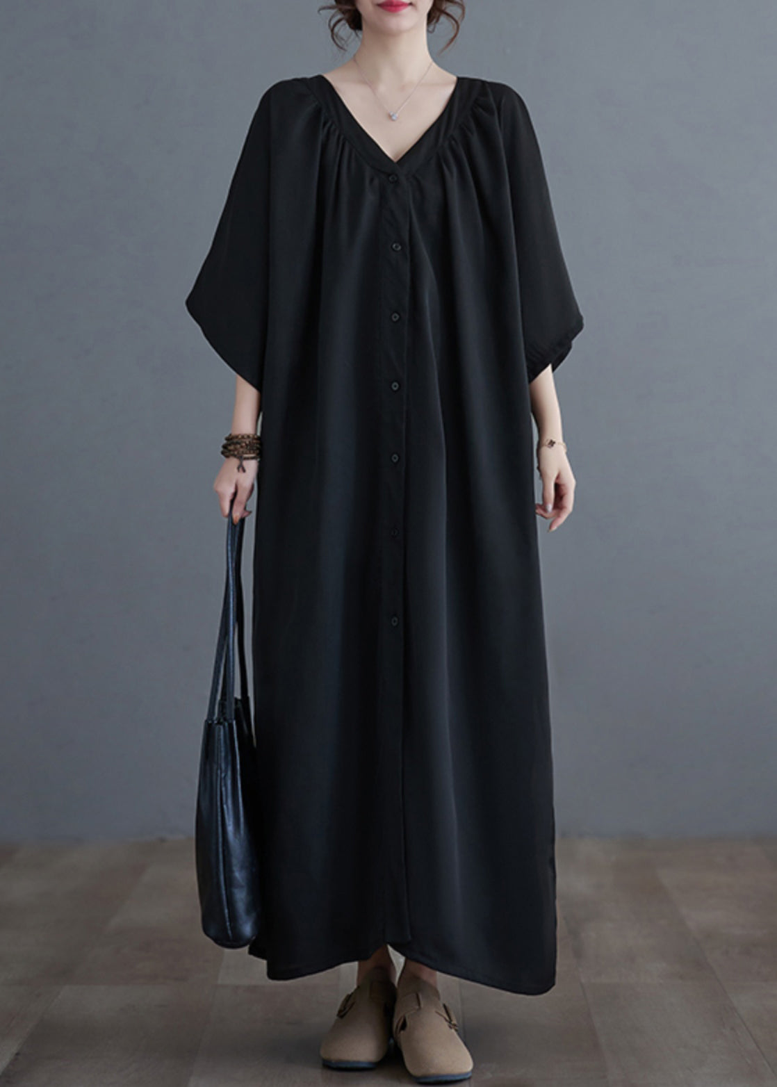 Black V Neck Wrinkled Maxi Dresses Summer