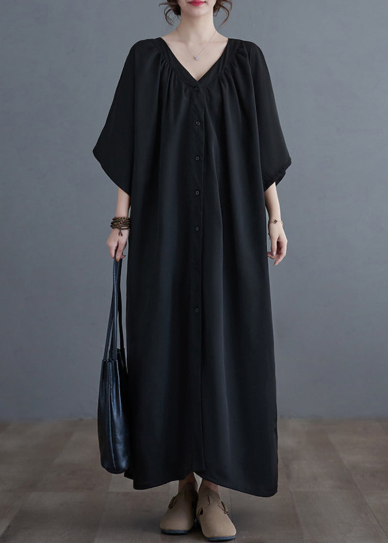 Black V Neck Wrinkled Maxi Dresses Summer