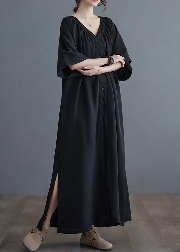 Black V Neck Wrinkled Maxi Dresses Summer