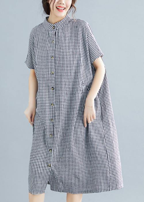 Black White Plaid Cotton Pockets Summer Dress