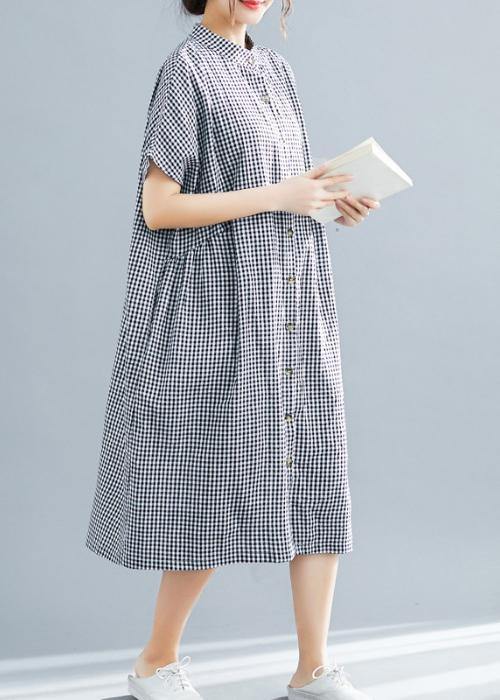 Black White Plaid Cotton Pockets Summer Dress