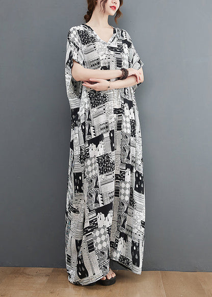 Black White Print V Neck Beach Long Dress Short Sleeve