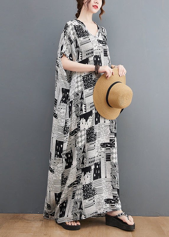 Black White Print V Neck Beach Long Dress Short Sleeve