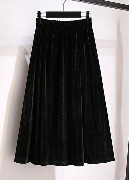Black Wrinkled Elastic Waist Patchwork Velour Skirts Fall