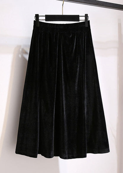 Black Wrinkled Elastic Waist Patchwork Velour Skirts Fall