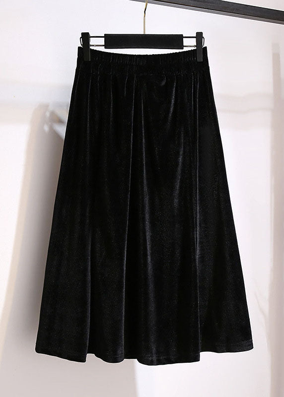 Black Wrinkled Elastic Waist Patchwork Velour Skirts Fall
