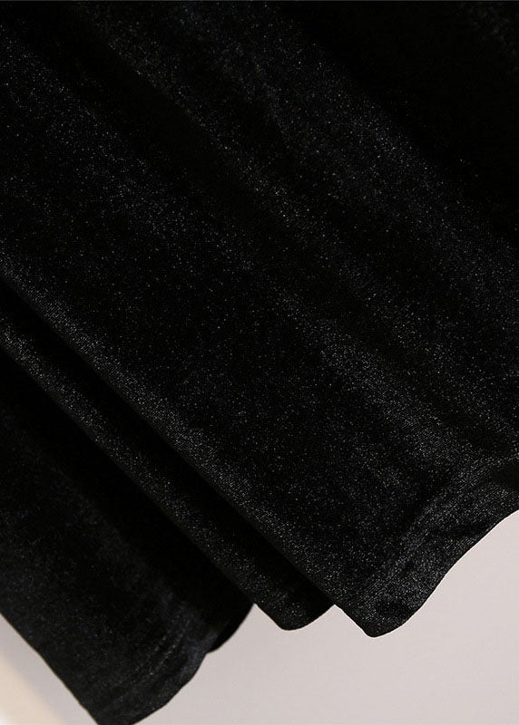Black Wrinkled Elastic Waist Patchwork Velour Skirts Fall