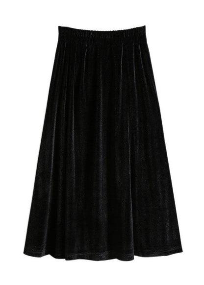 Black Wrinkled Elastic Waist Patchwork Velour Skirts Fall