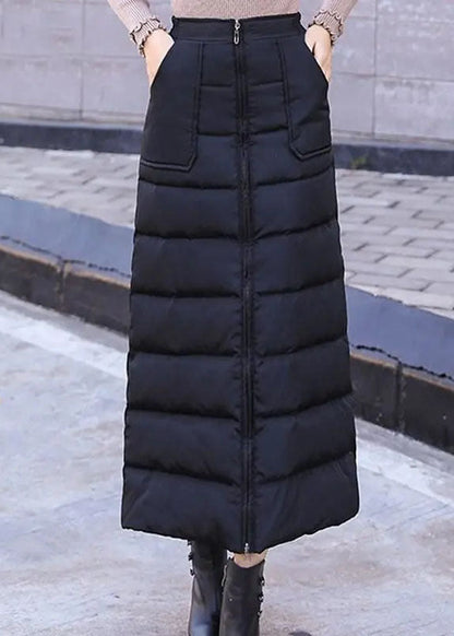 Black Zip Up Pockets Fine Cotton Filled Skirt Winter
