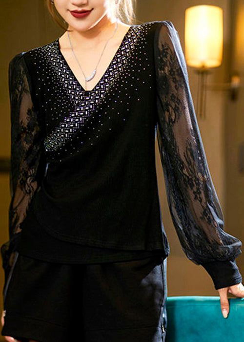 Black Zircon Lace Patchwork Cotton Knit Top Long Sleeve