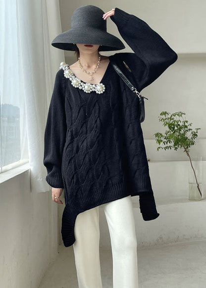 Black Cozy Knit Short Sweater V Neck Winter