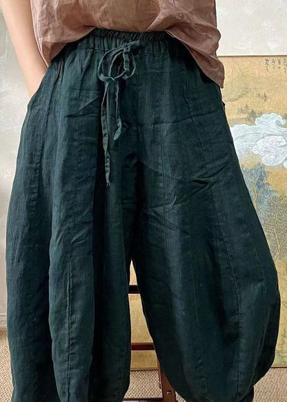 Blackish Green Elastic Waist Linen Lantern Pants Summer