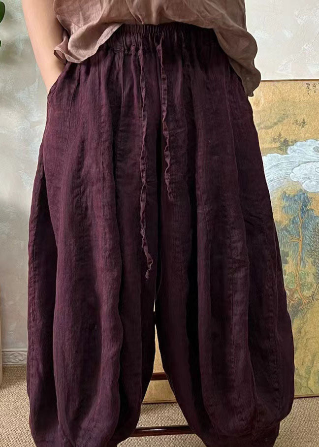 Blackish Green Elastic Waist Linen Lantern Pants Summer