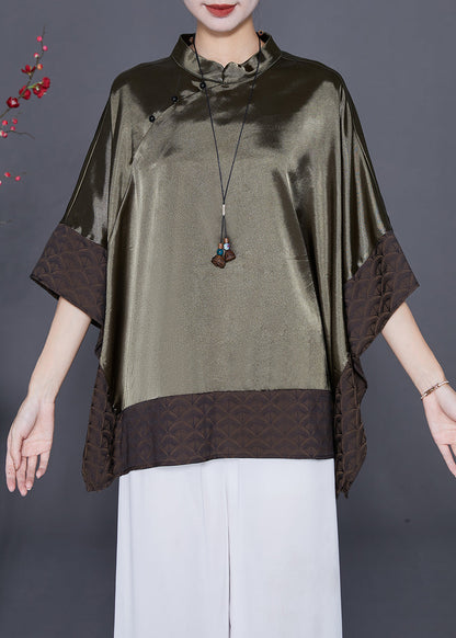 Blackish Green Stand Collar Patchwork Silk Shirt Summer