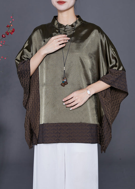 Blackish Green Stand Collar Patchwork Silk Shirt Summer