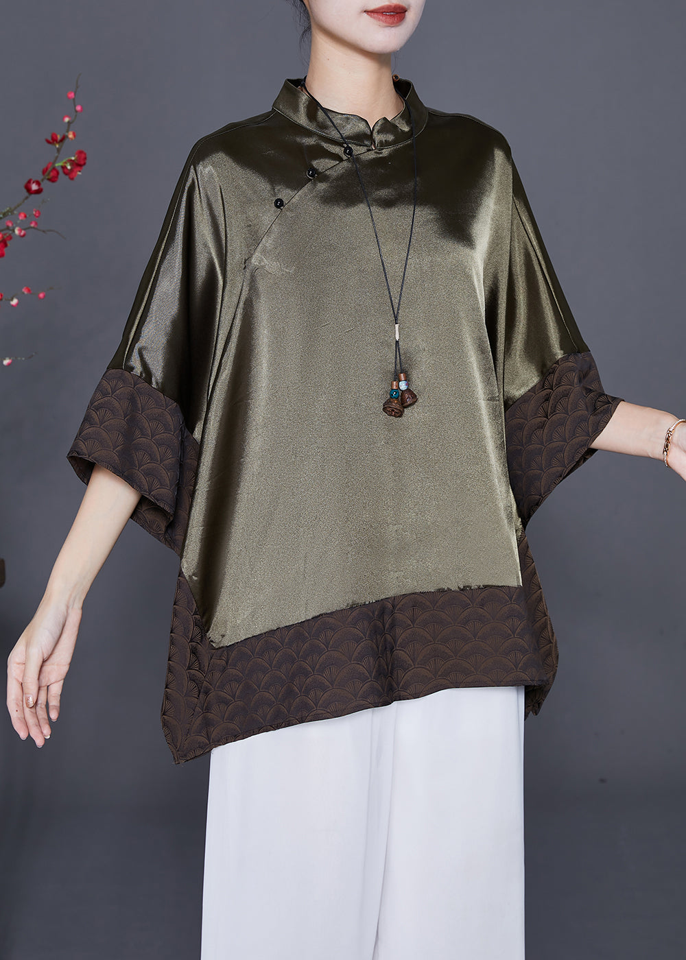 Blackish Green Stand Collar Patchwork Silk Shirt Summer