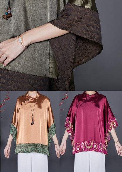 Blackish Green Stand Collar Patchwork Silk Shirt Summer