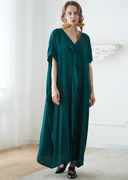 Blackish Green V Neck Pockets Patchwork Cotton Maxi Dress Summer