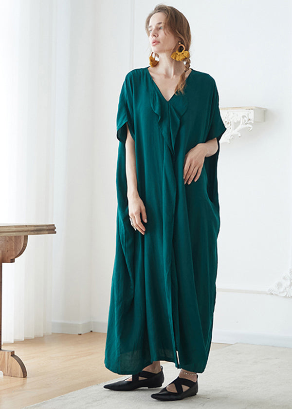 Blackish Green V Neck Pockets Patchwork Cotton Maxi Dress Summer