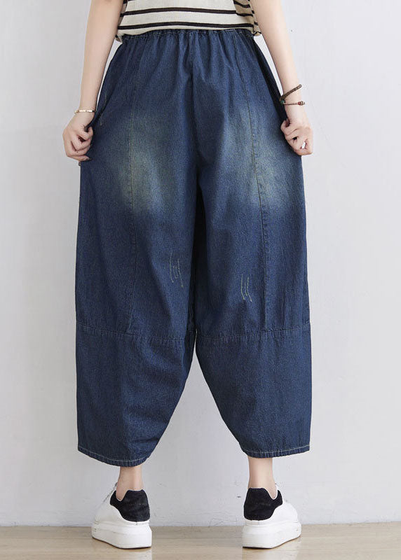Blue Elastic Waist Patchwork Cotton Denim Pants Spring
