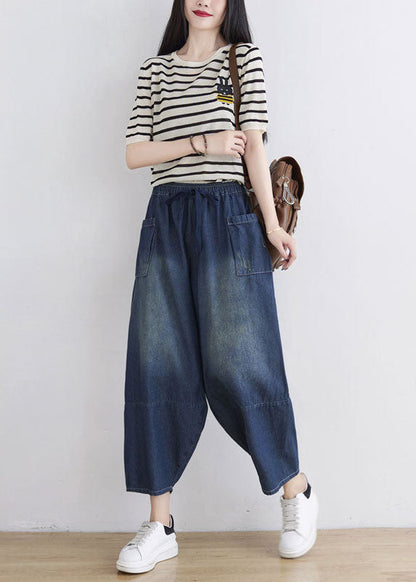 Blue Elastic Waist Patchwork Cotton Denim Pants Spring