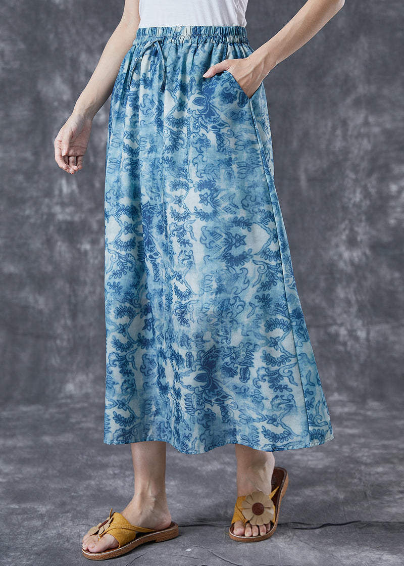 Blue Elastic Waist Print Linen a Line Skirts Summer