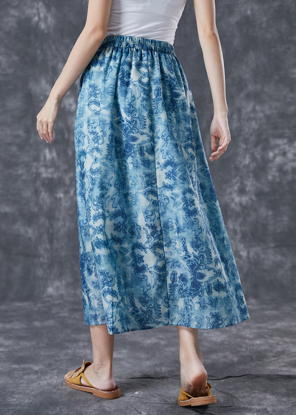 Blue Elastic Waist Print Linen a Line Skirts Summer