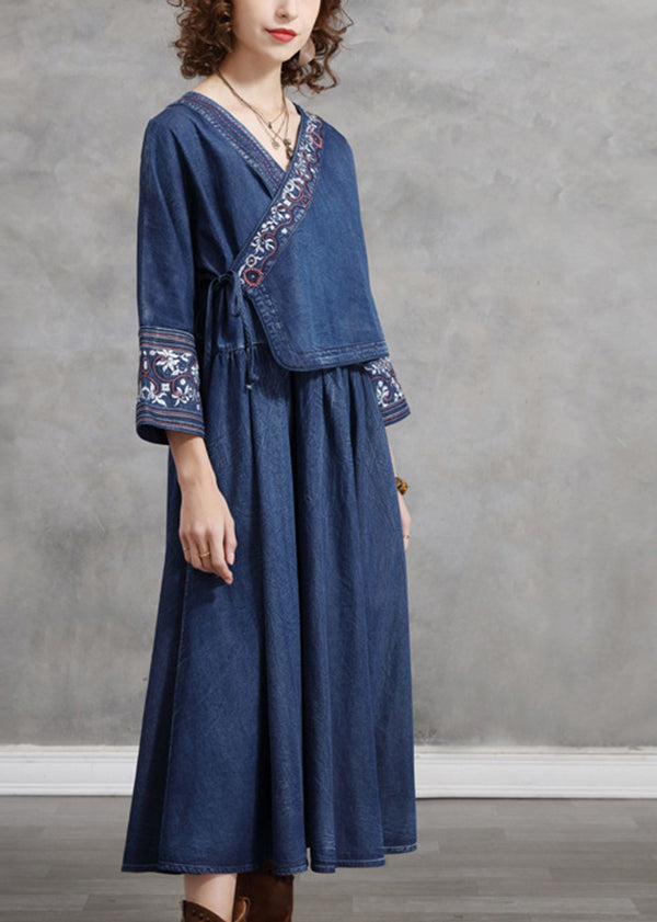 Blue Embroideried Asymmetrical Design Tie Waist Cotton Denim Dresses Bracelet Sleeve