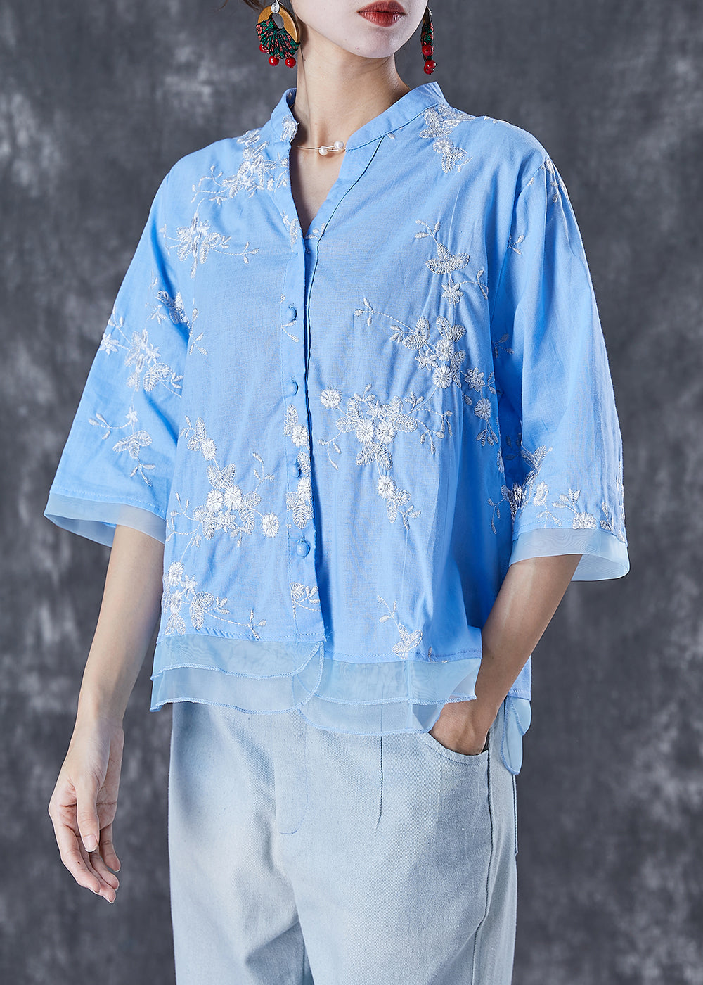 Blue Embroidered Patchwork Linen Blouse Tops Summer